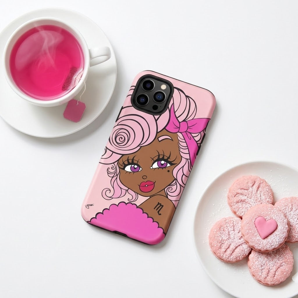 A pink phone case with a cartoon illustration of a Black woman with pink hair and a pink bow, shown on a white phone. The case is styled in a flat-lay setting on a white surface, surrounded by a cup of pink tea and pink cookies.