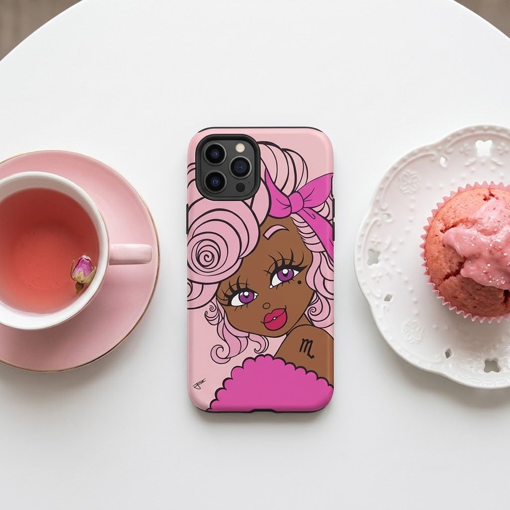 A pink phone case featuring a stylized cartoon illustration of a woman with pink hair and a pink bow, shown on a white tabletop next to a pink teacup and a pink frosted muffin.