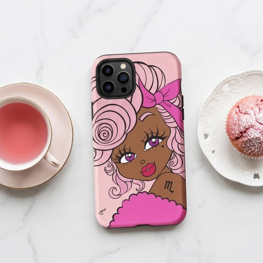 A pink phone case featuring a stylized illustration of a Black woman with pink hair and a pink bow, shown on a white marble surface next to a cup of tea and a muffin.