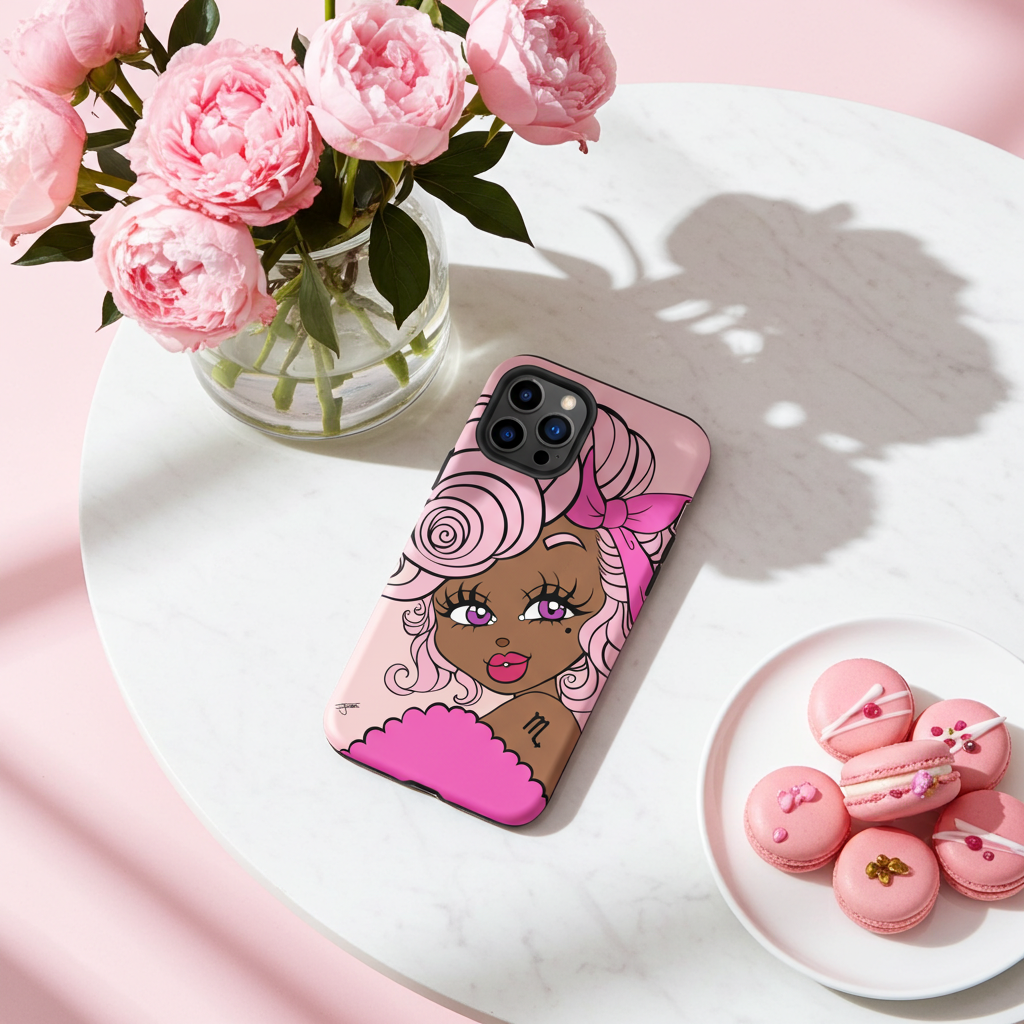 Phone case with a Scorpio character design on a table with pink flowers and macarons.
