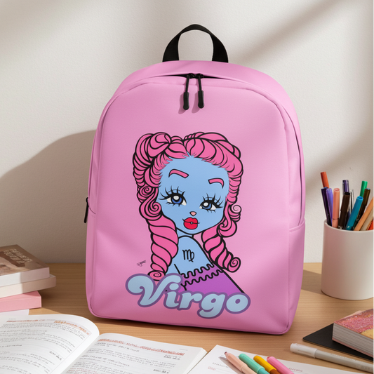 Pink backpack with a Virgo character design of a girl with pink hair and blue face, labeled 'Virgo', on a desk with books and stationery.