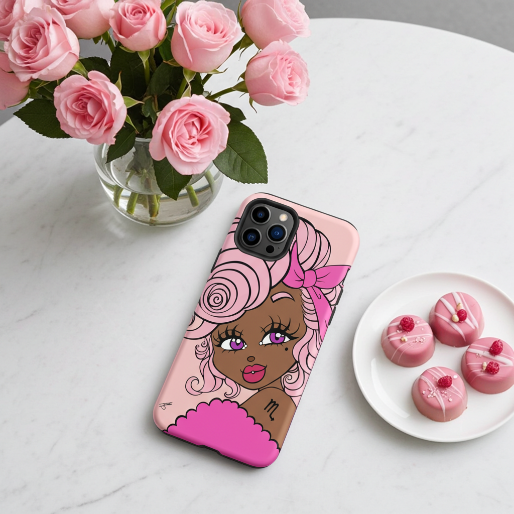 Phone case with a Scorpio character design on a white surface with pink roses and pastries.