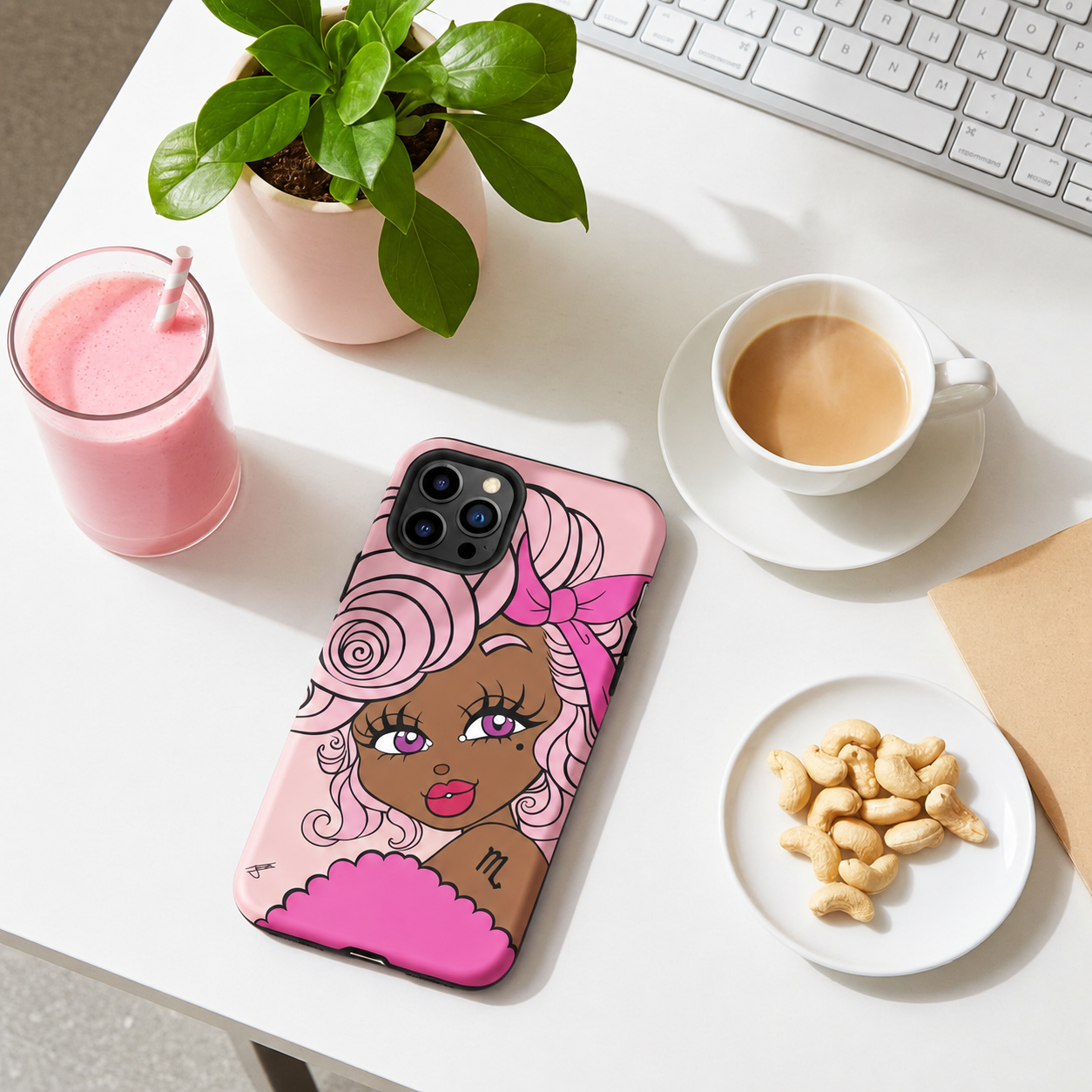 Phone case with a Scorpio character on a desk with coffee, snacks, and a plant