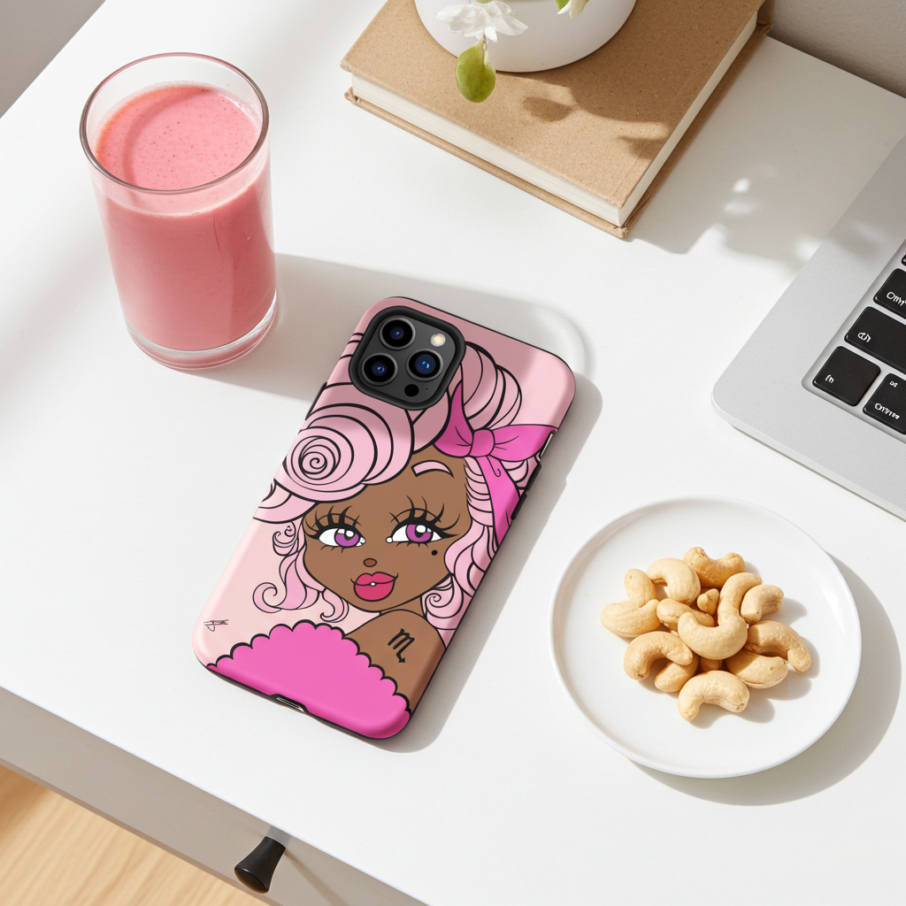 Phone case with a Scorpio character design on a desk with a glass of pink drink and plate of snacks.