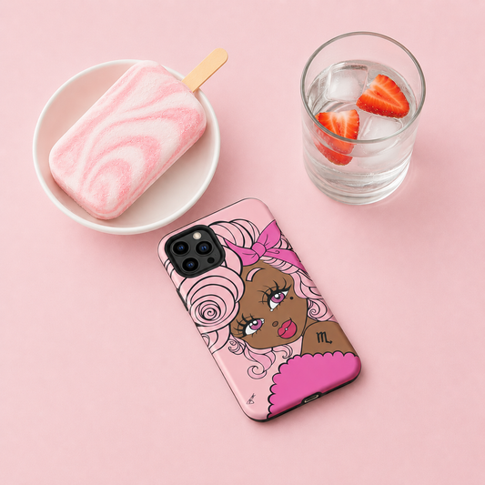 Phone case with a Scorpio character on a desk with a glass of water and a frozen popsicle.
