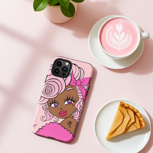 A pink phone case featuring a stylized cartoon illustration of a woman with pink hair and a bow, styled on a light pink surface next to a cup of latte, a slice of pie, and a potted plant.