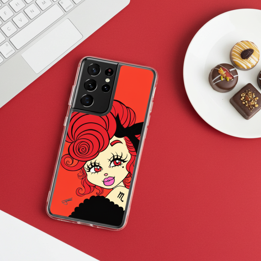 Phone case with a Scorpio character design on a red surface with a keyboard and plate of donuts. 