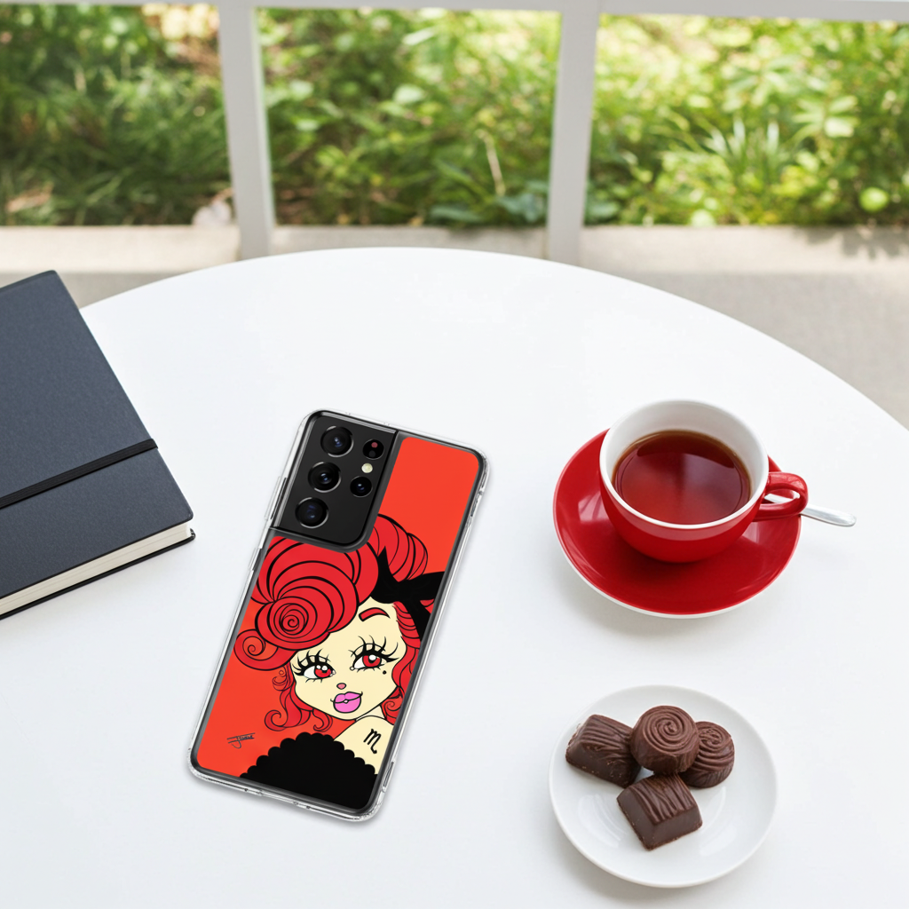 Phone case with a Scorpio character design on a table with tea and cookies