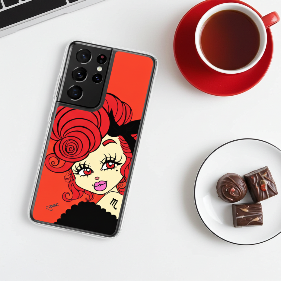 Phone case with a Scorpio character design on a desk with a cup of tea and chocolates.