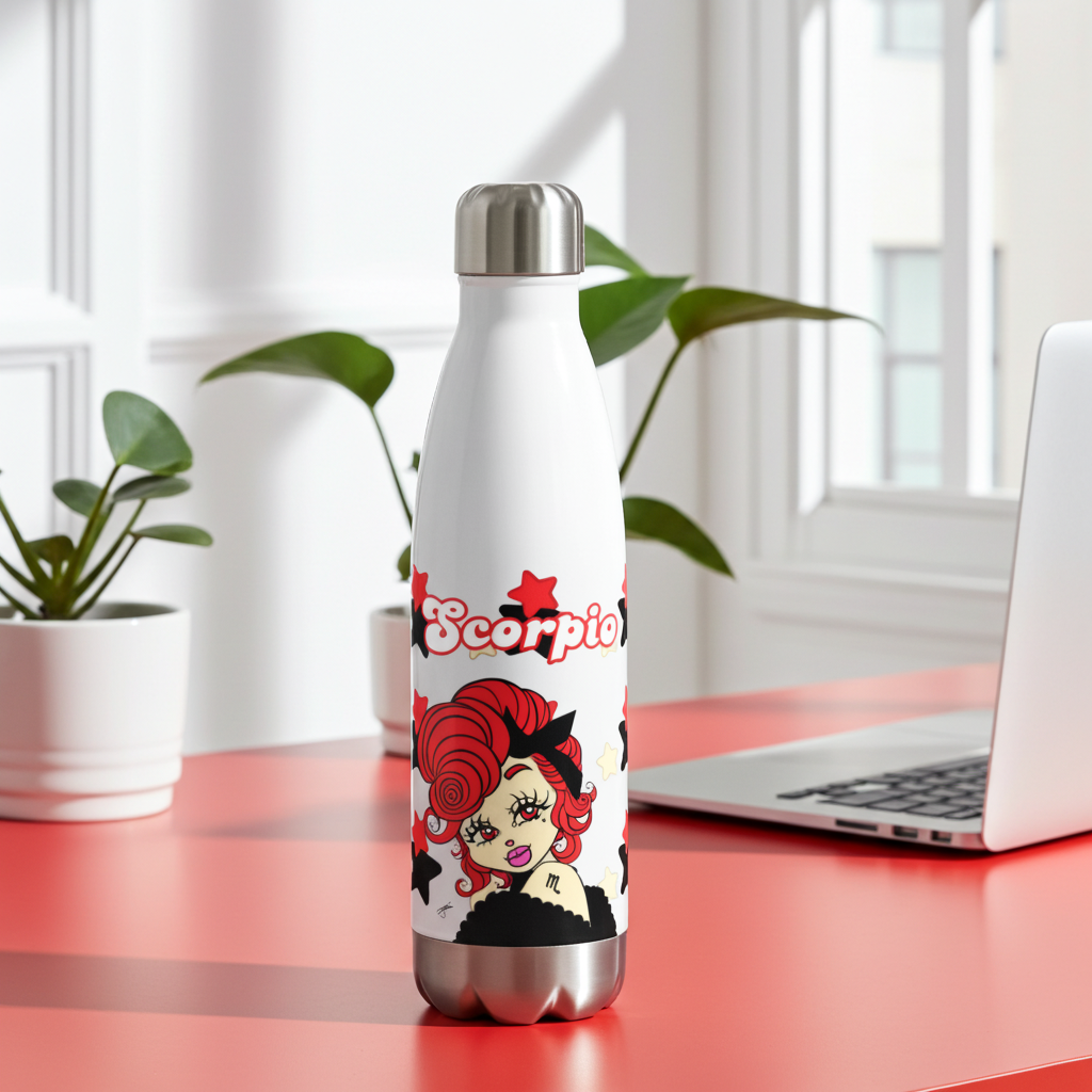 White water bottle with Scorpio design on a desk with a laptop and plants