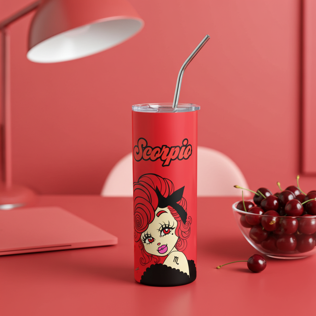 Red tumbler with a Scorpio character and 'Scorpio' text on a red background