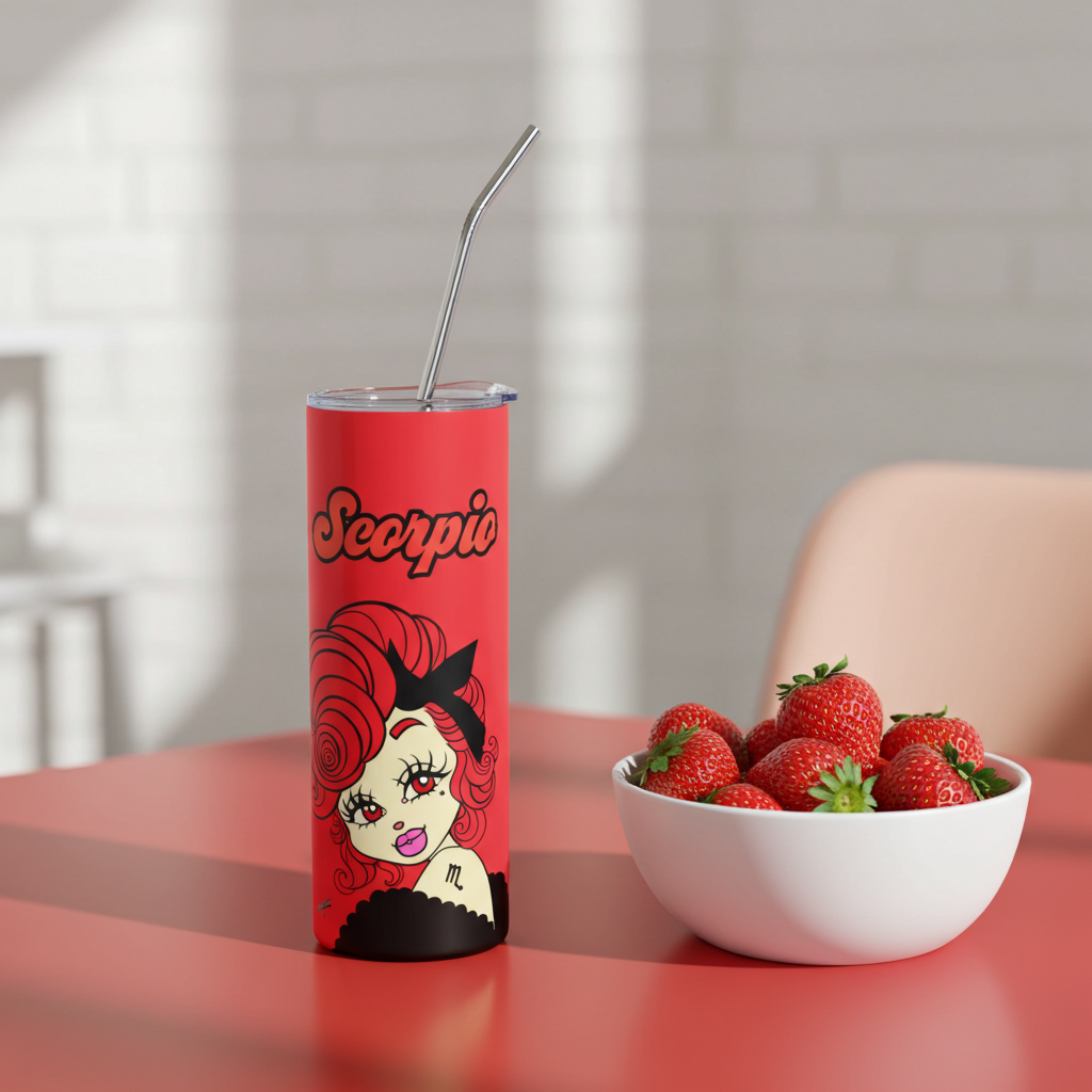 Red tumbler with 'Scorpio' design next to a bowl of strawberries on a red table.