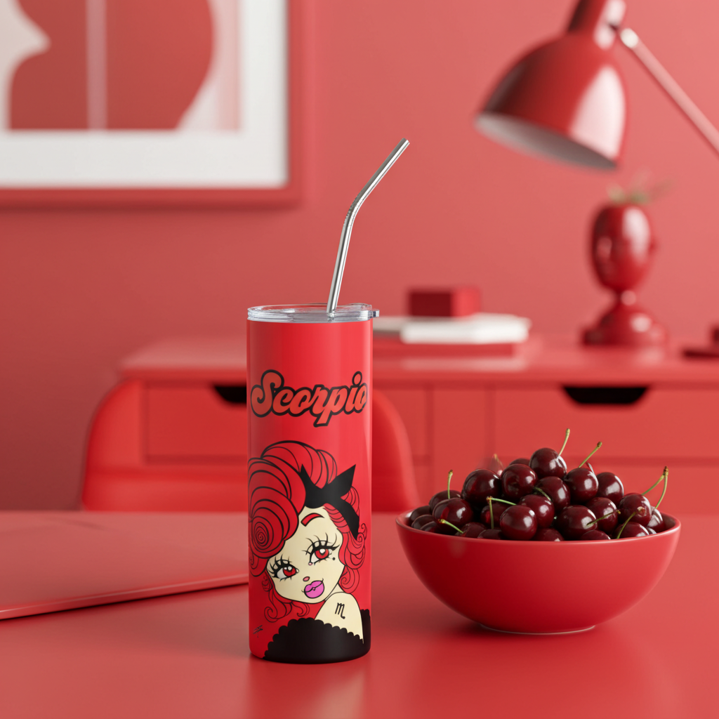 Red tumbler with a Scorpio character design and metal straw on a red surface with a bowl of cherries.