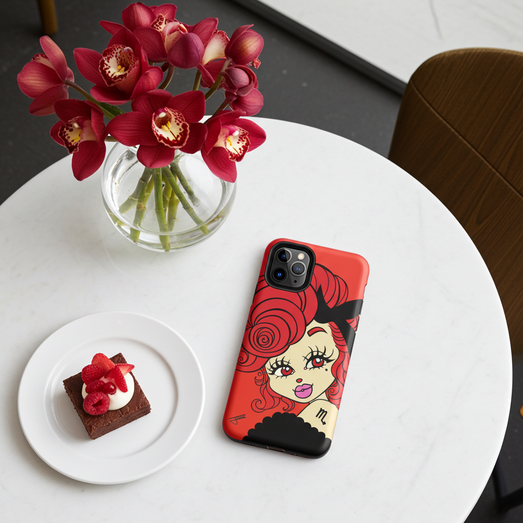 Phone case with a Scorpio character design on a table with flowers and dessert