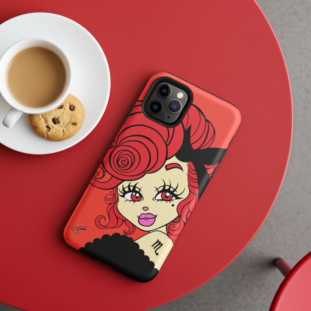 iPhone case with a Scorpio character design on a red table with a cup of coffee and cookie.