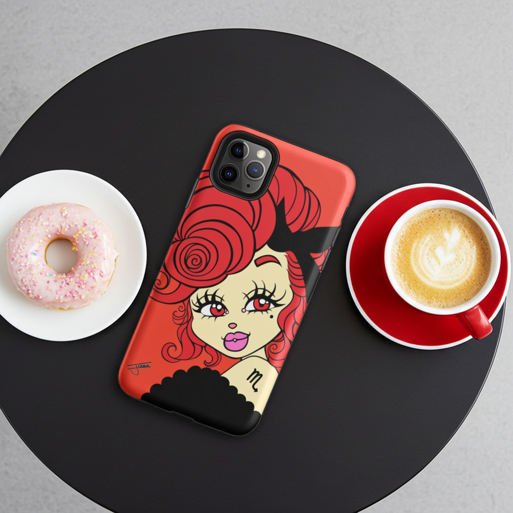 Phone case with ca Scorpio  design on a black table with a cup of coffee and donut.