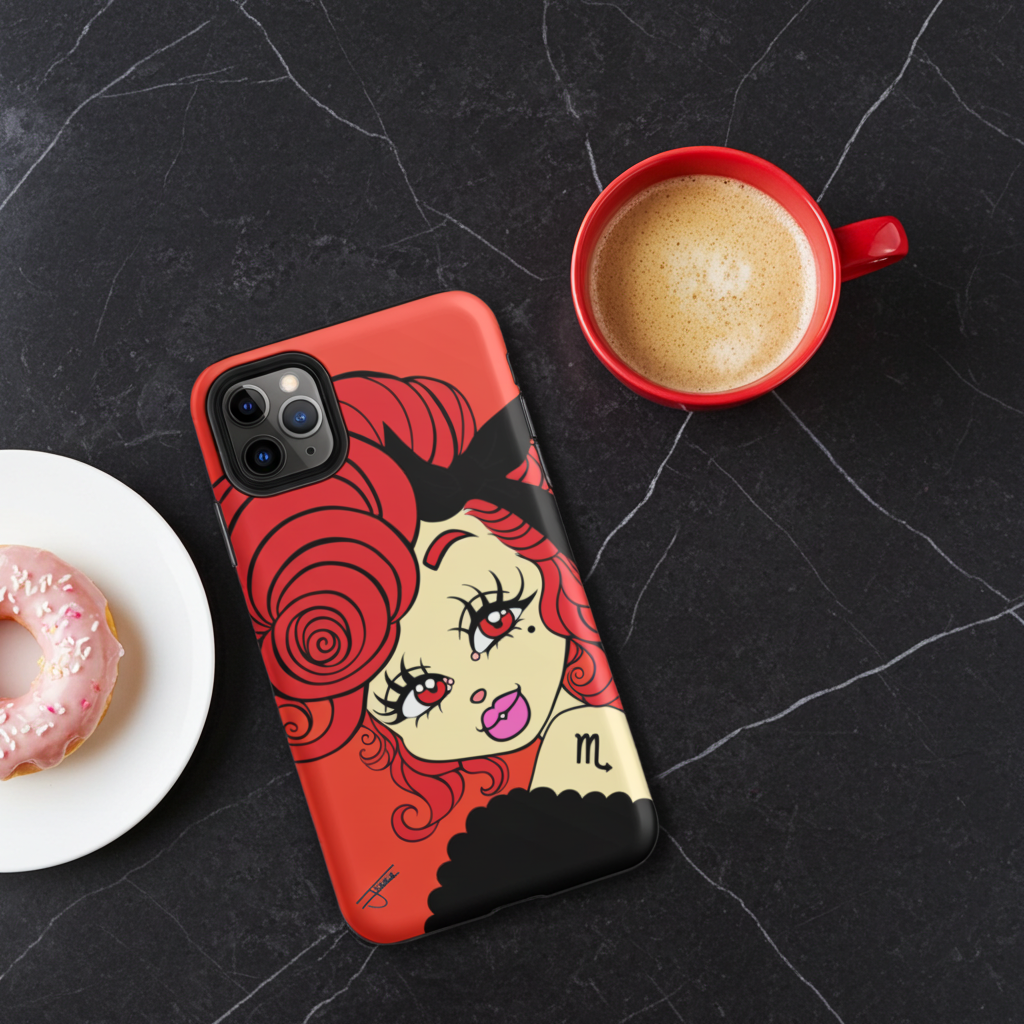 Phone case with a scorpio character design next to a cup of coffee and a donut on a dark surface