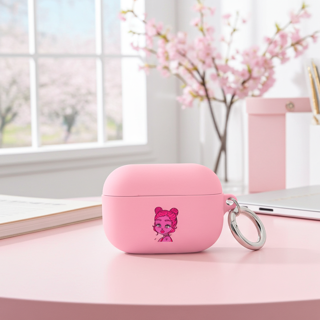 Pink case with a Taurus character design on a desk with cherry blossoms in the background