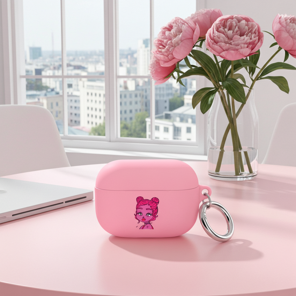 Pink air pod case with a taurus character design on a table with flowers and a cityscape in the background