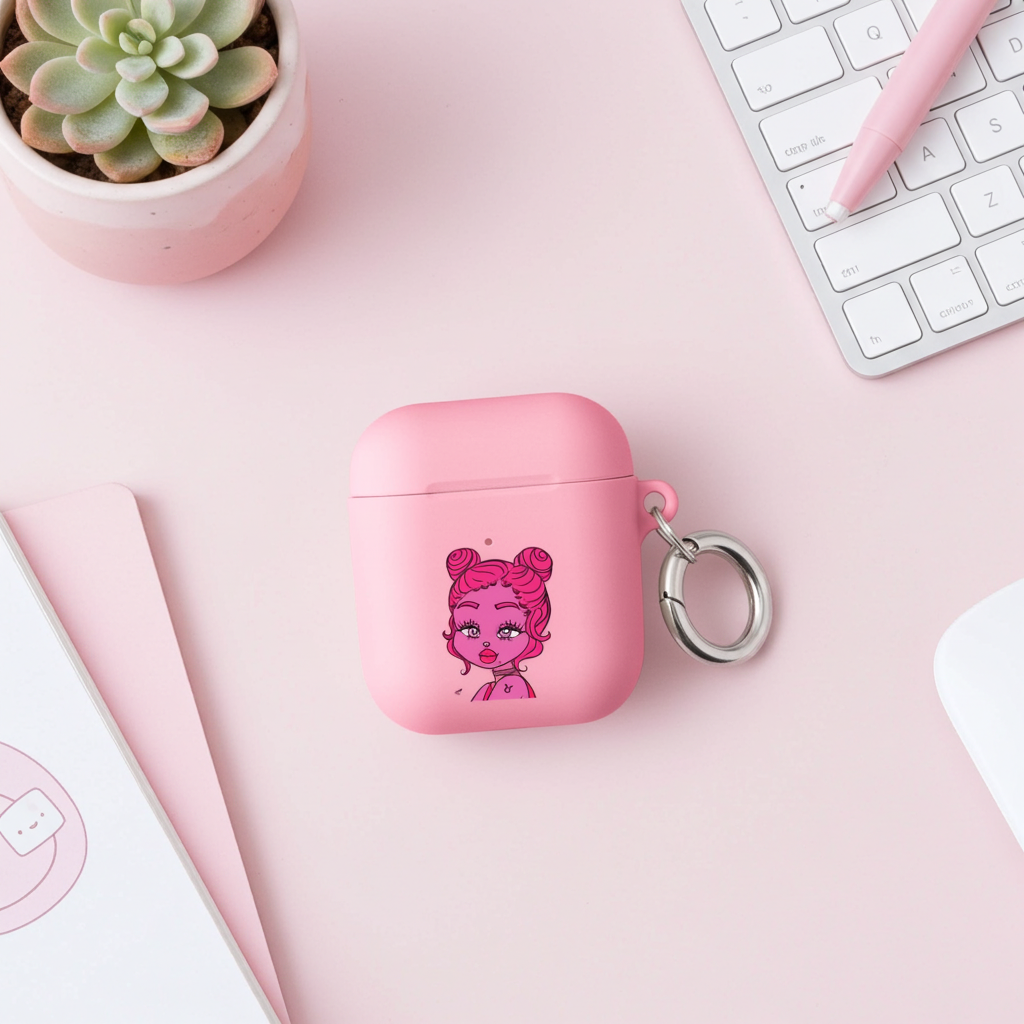 Pink airpod case with a Taurus character design on a pink surface with keyboard and plant