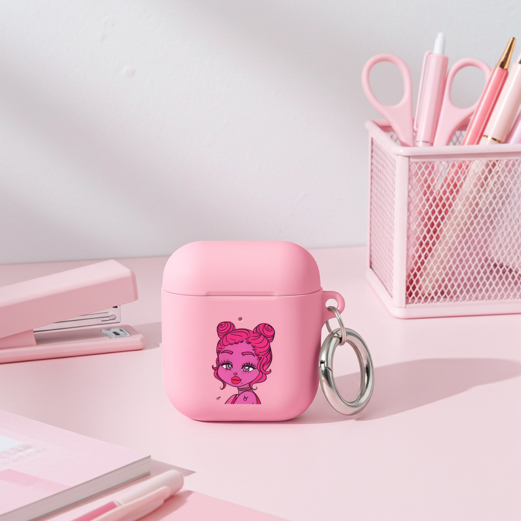 Pink airpod case with a Taurus character keychain on a pink desk with stationery items.
