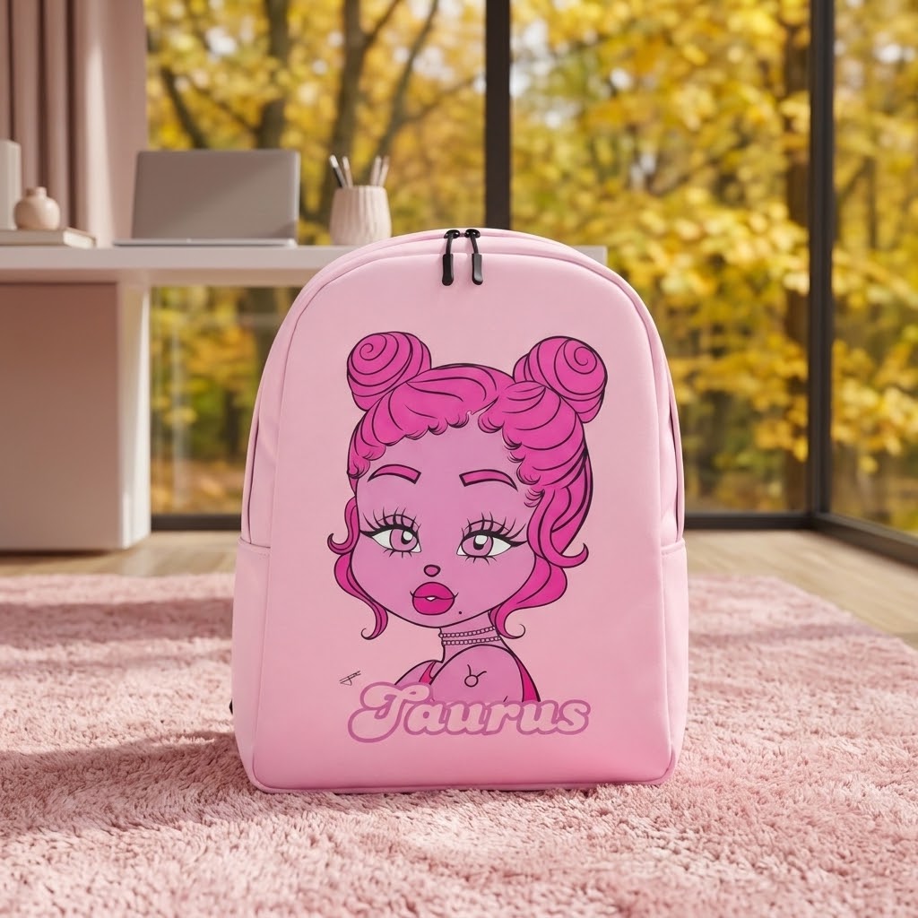 A pink backpack with a cartoon Taurus zodiac character graphic and the word 'Taurus' printed on the front, standing on a pink shag rug in front of a window with autumn trees outside.