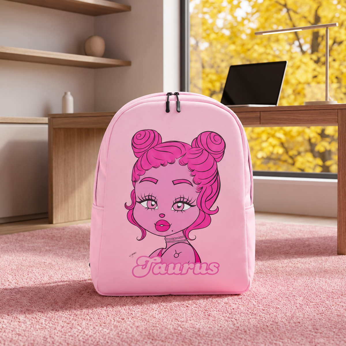 A pink backpack with a cartoon Taurus zodiac character graphic and the word 'Taurus' printed below it, set on a pink carpet in a modern room with a desk and window in the background.