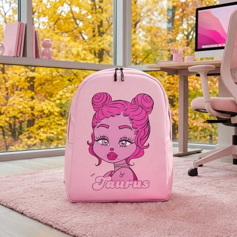 A pink backpack featuring a cartoon illustration of a girl with pink hair and the word 'Taurus' printed below, set on a pink rug in a modern room with a desk, chair, and window showing yellow autumn trees outside.
