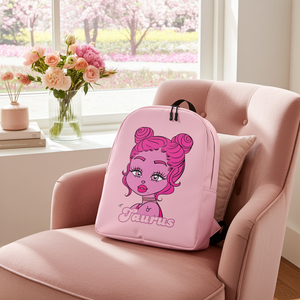 Pink backpack with a Taurus character design on a pink chair with a window and flowers in the background