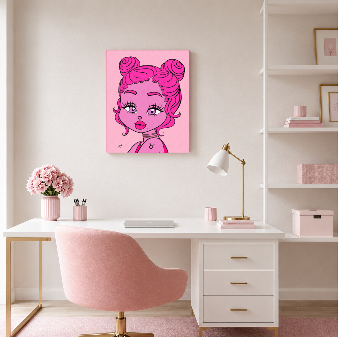 A canvas with a Taurus character design on a wall in a home office with white and pink decor.