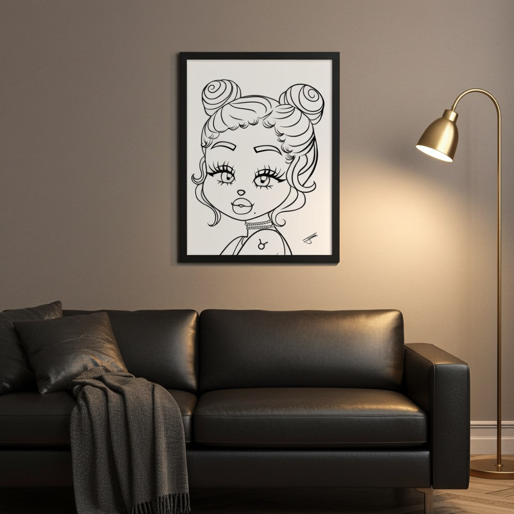 Framed illustration of a Taurus character on a wall above a black sofa with a gold floor lamp.