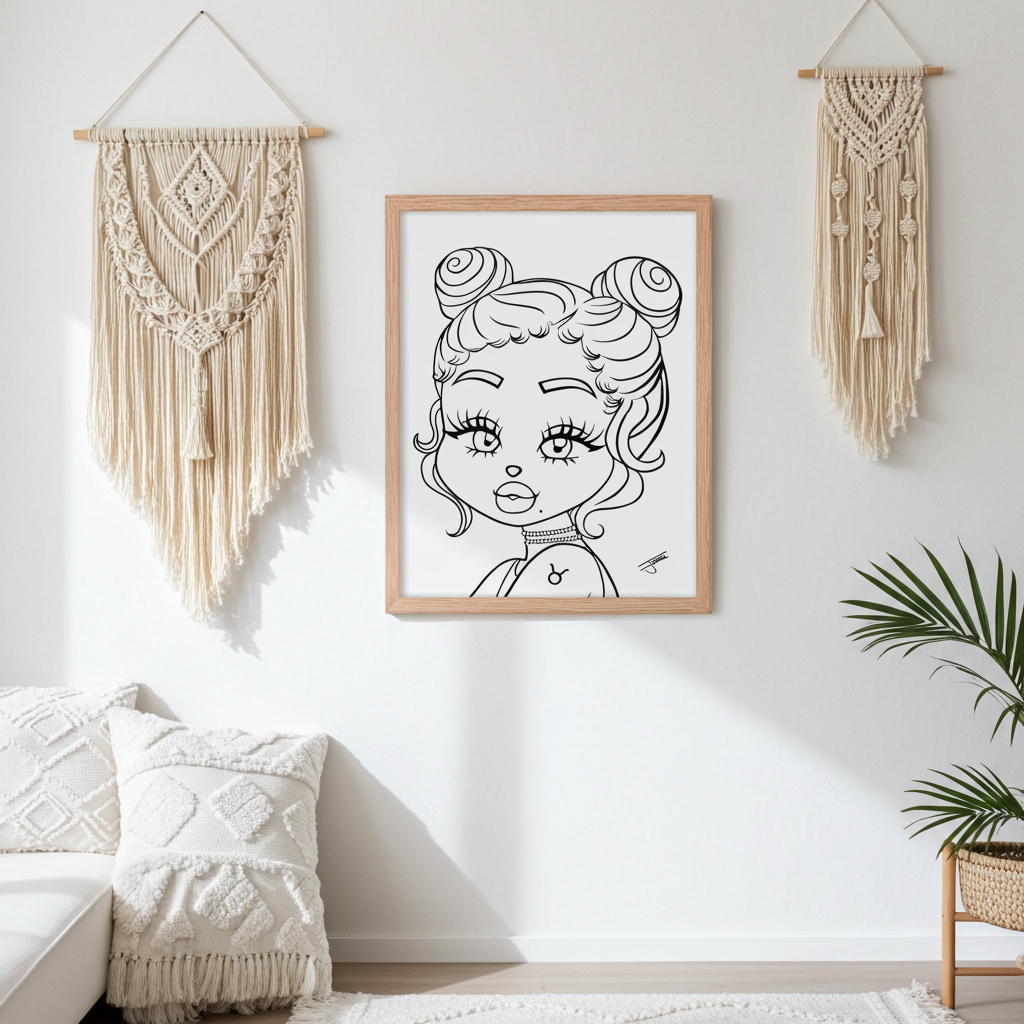 Framed artwork of a Taurus character on a wall with macrame hanging and plant decor.