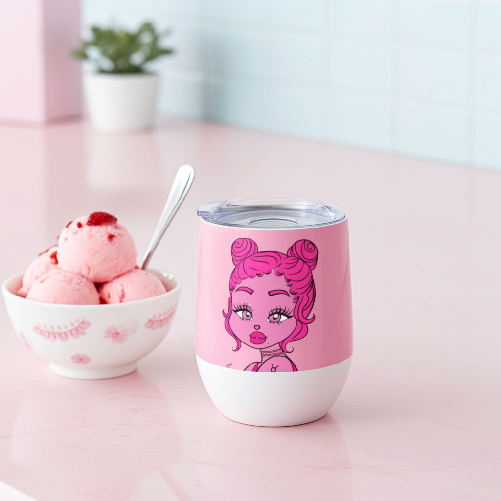 Pink tumbler with Taurus character design next to a bowl of pink ice cream.