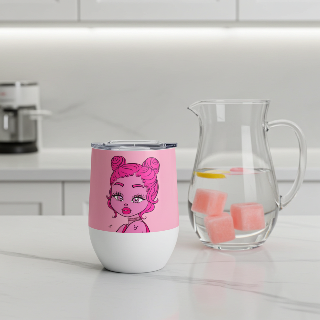Pink tumbler with a Taurus character on a kitchen counter next to a glass pitcher.
