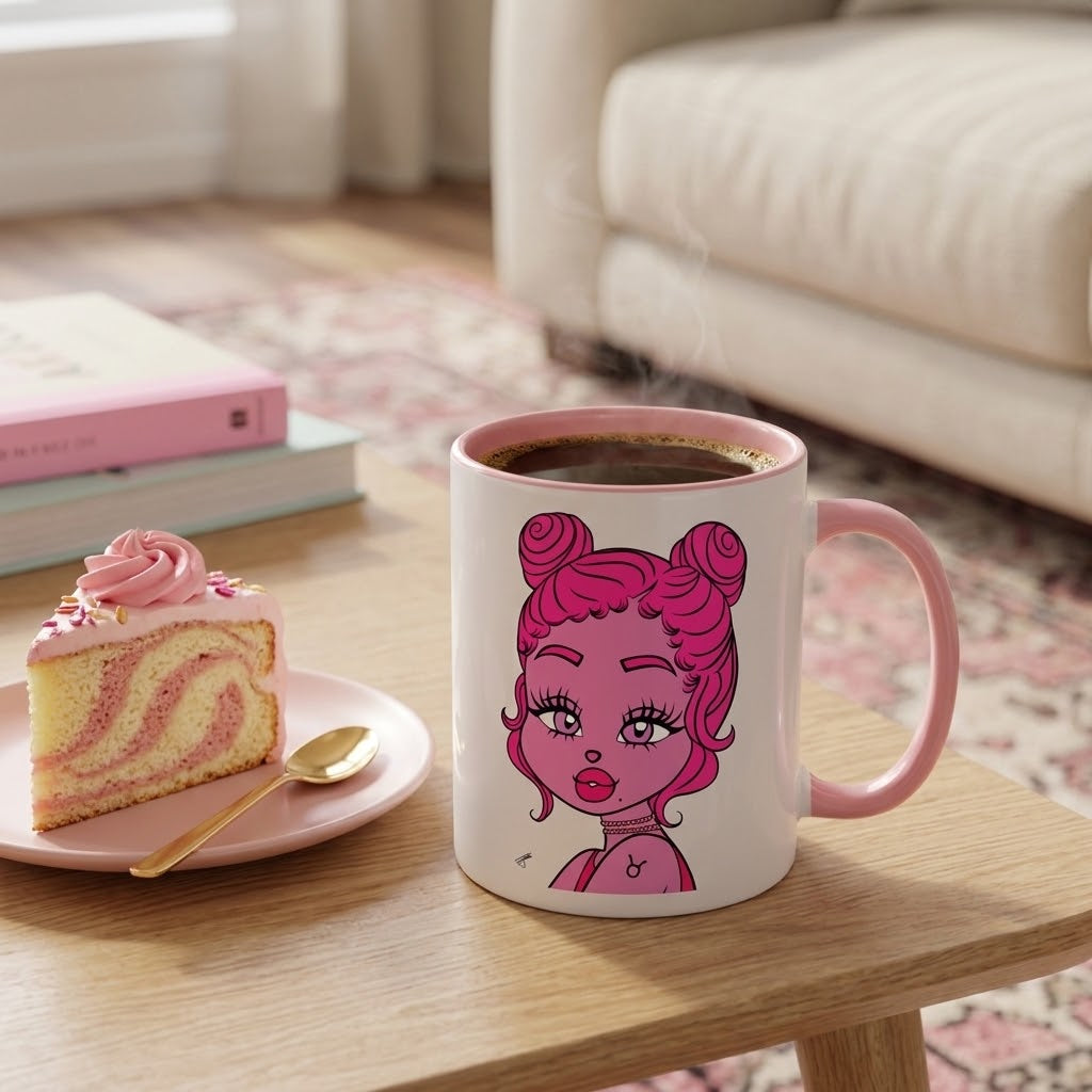 A white ceramic coffee mug with a pink handle and a cartoon illustration of a woman with pink hair, filled with black coffee and placed on a wooden table next to a slice of pink cake on a plate.