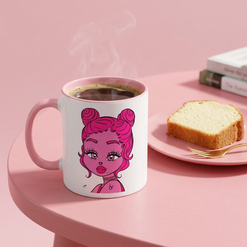 A white ceramic coffee mug with a pink handle and a pink cartoon girl illustration, filled with steaming coffee and placed on a pink table next to a slice of bread on a pink plate.
