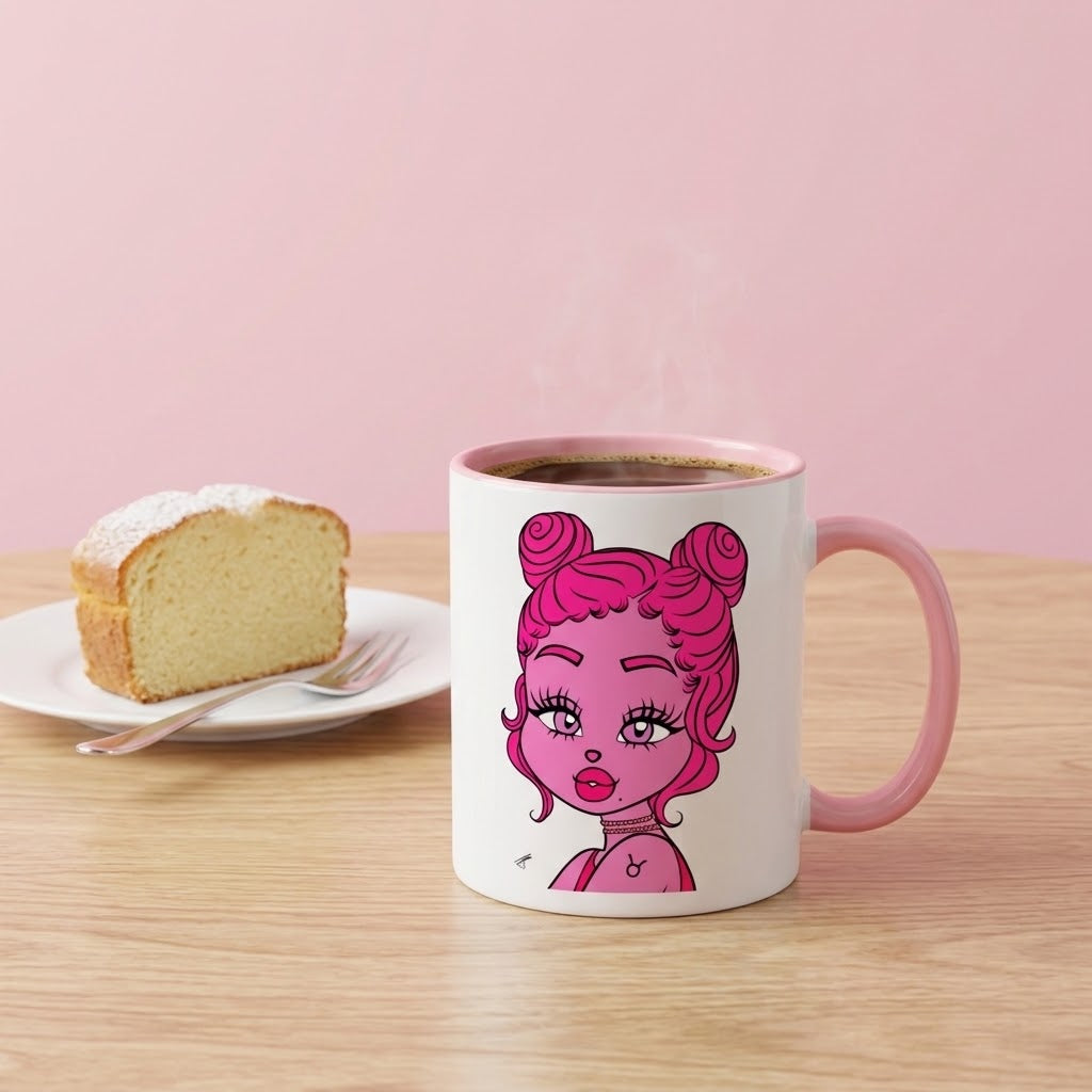 A white ceramic coffee mug with a pink handle and pink interior, featuring a cartoon illustration of a girl with pink hair. It sits on a light wood table next to a slice of cake on a white plate, against a solid pink background.