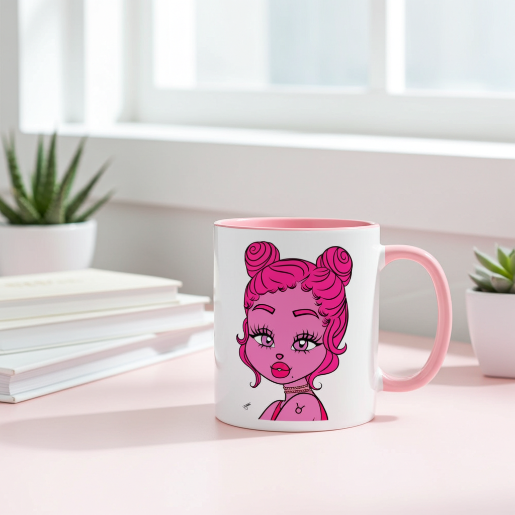 Mug with a Taurus character design on a light surface with books and plants in the background