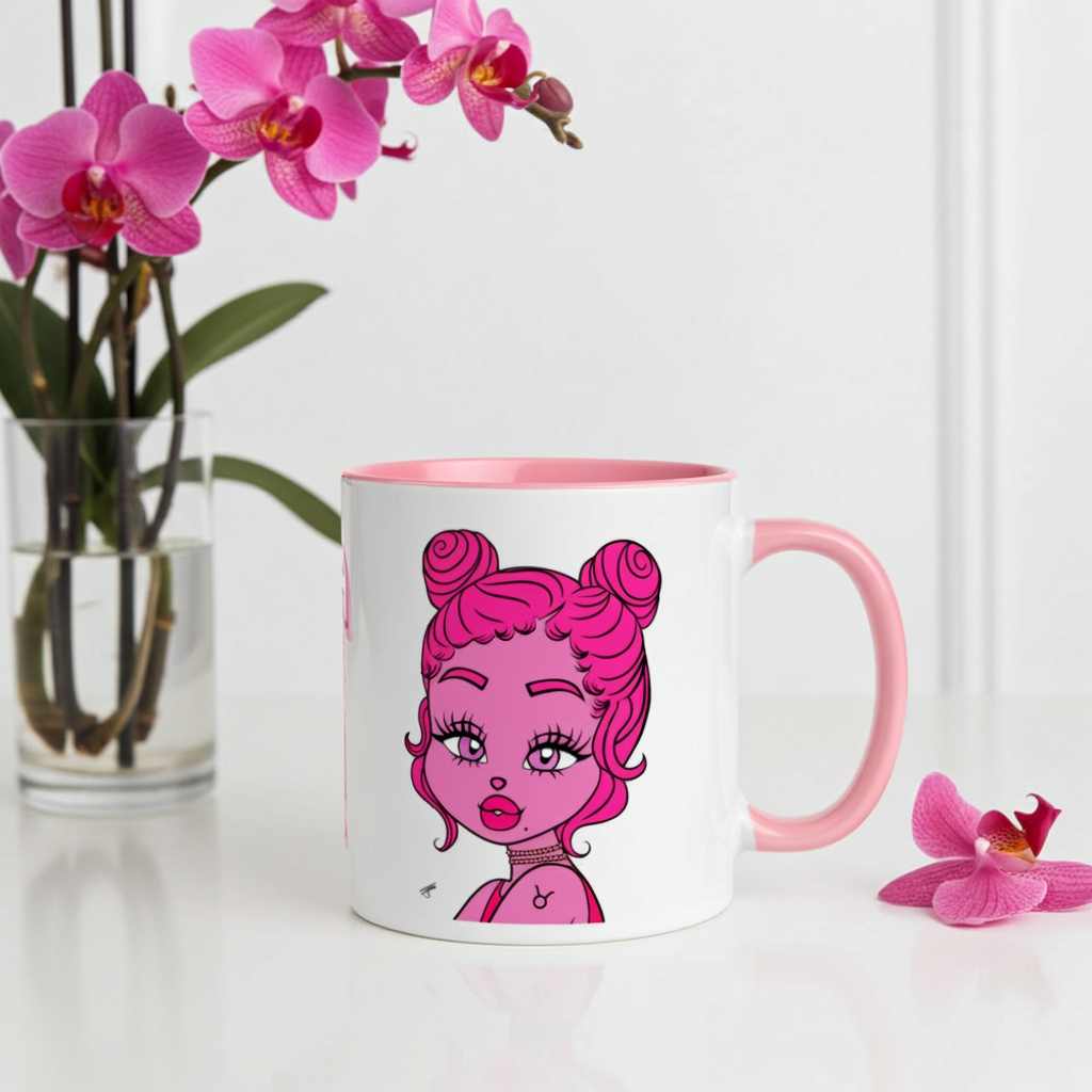 Mug with pink Taurus character design on a white background with pink flowers.