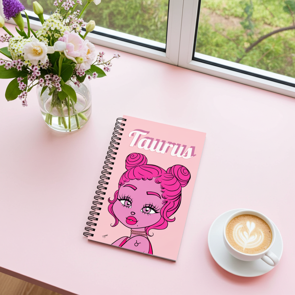 Notebook with Taurus character design on a pink surface with flowers and a cup of coffee.