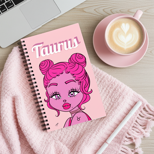 Notebook with Taurus design on a pink blanket next to a cup of coffee