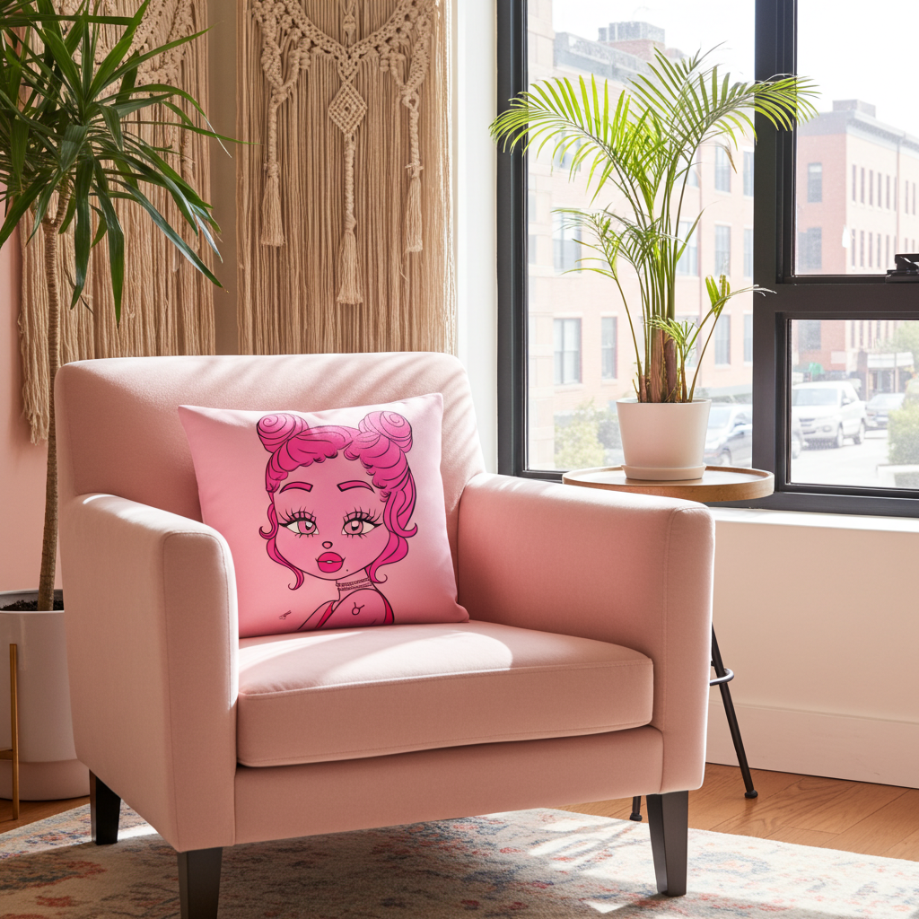 Pink armchair with a decorative pillow featuring a Taurus character in a room with plants and a window.