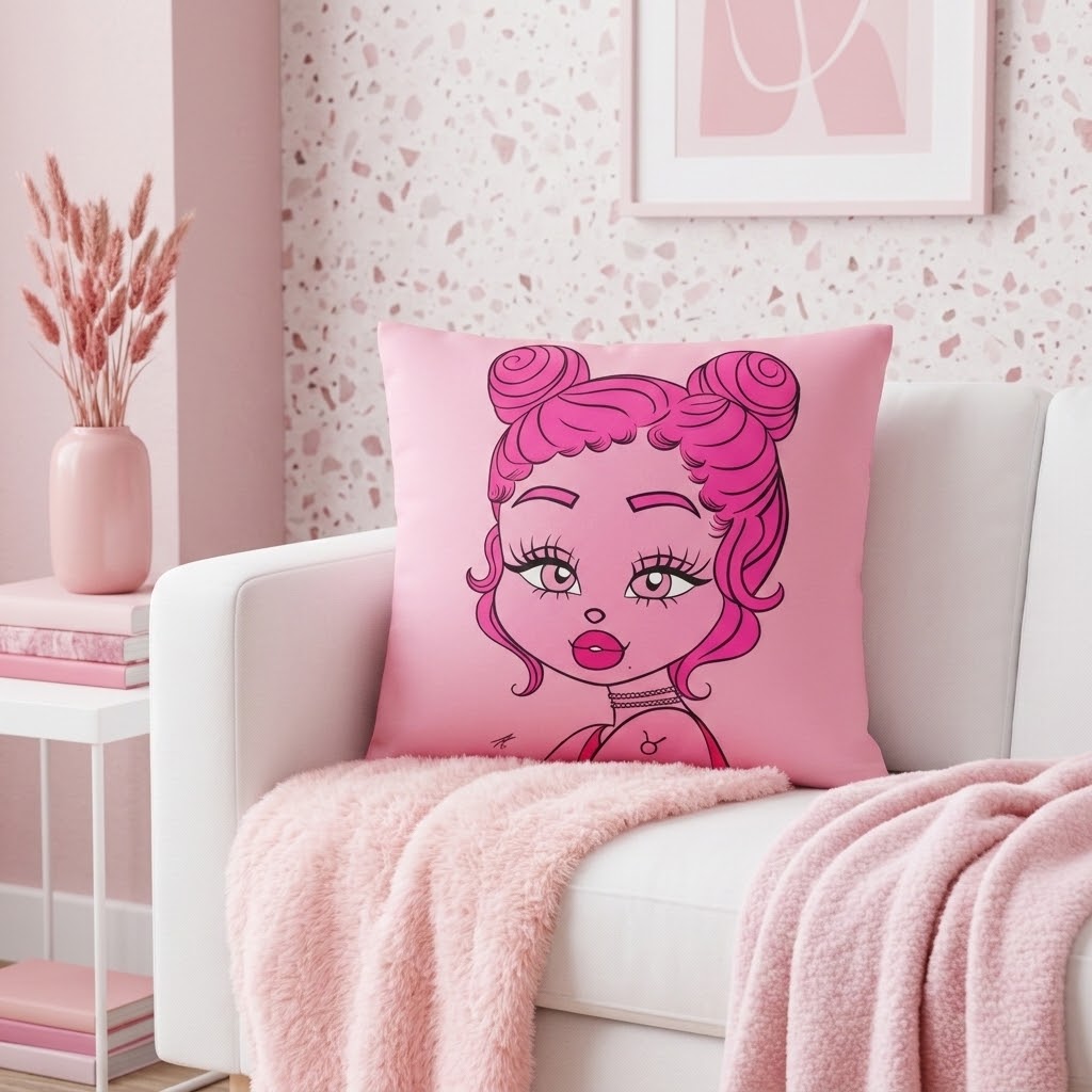 A pink square throw pillow featuring a cartoon illustration of a girl with pink hair, styled on a white sofa with a pink blanket in a pink room.