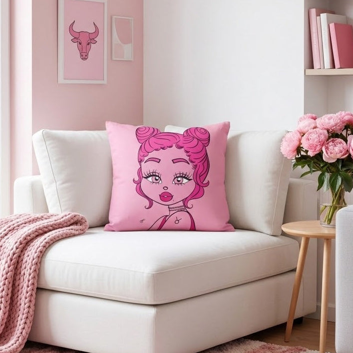 A pink throw pillow featuring a cartoon illustration of a pink-haired girl, styled on a white chaise lounge in a pink-themed room.