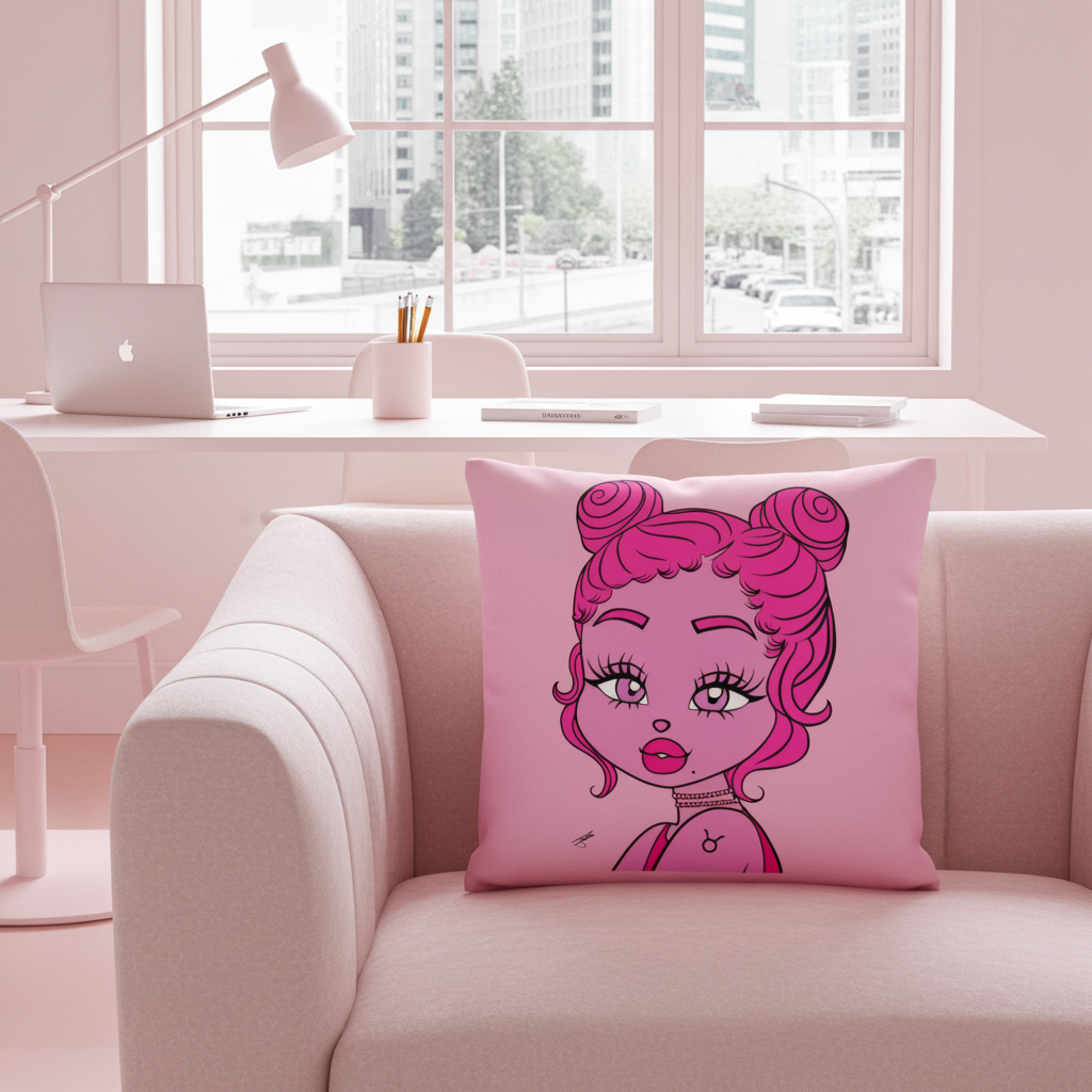 Pink pillow with a stylized face design on a pink couch in a bright room with a desk and window.