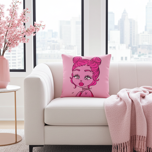 Pink pillow with a Taurus character on a white couch in a room with large windows and pink decor.