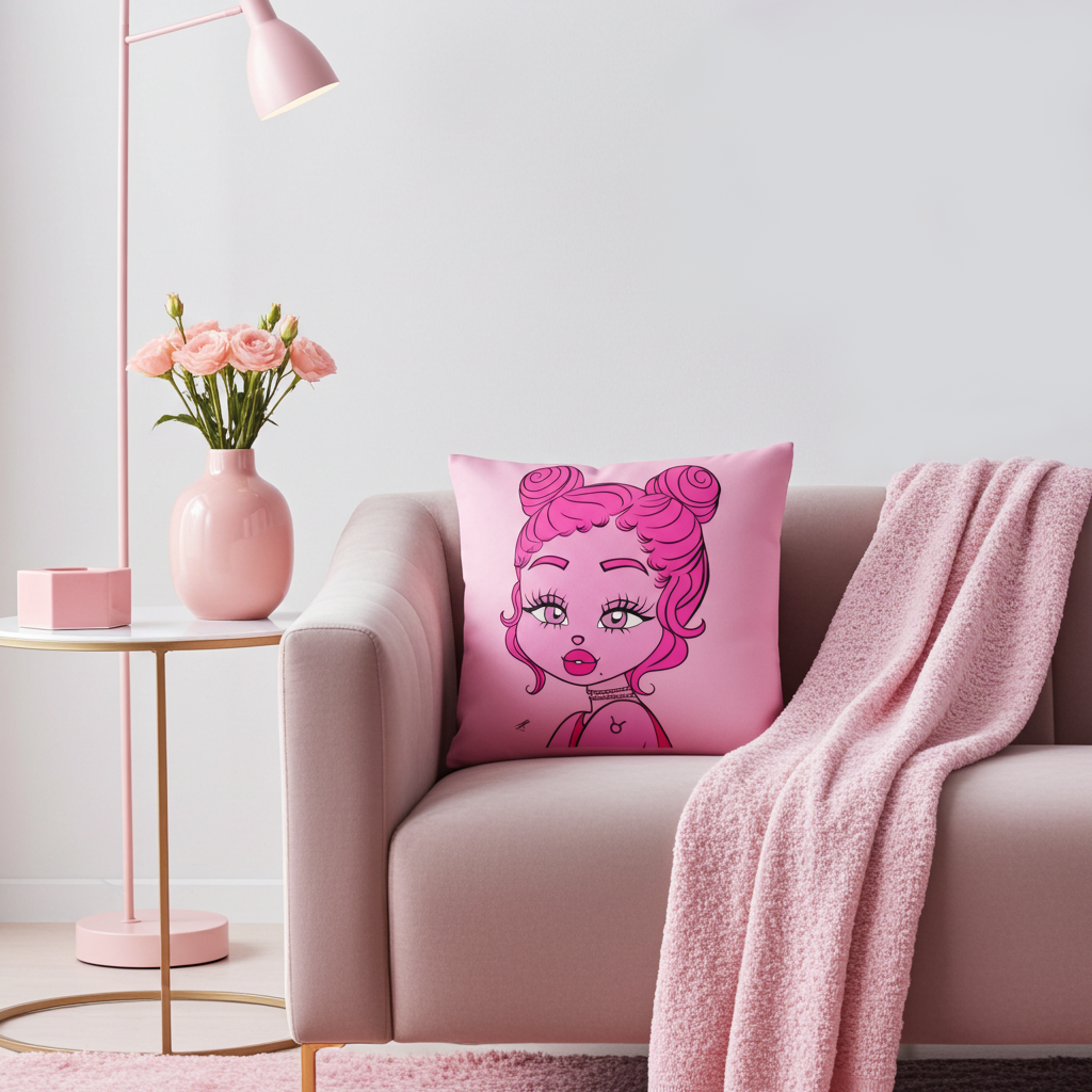 Pink pillow with a Taurus character design on a pink couch in a stylish living room.
