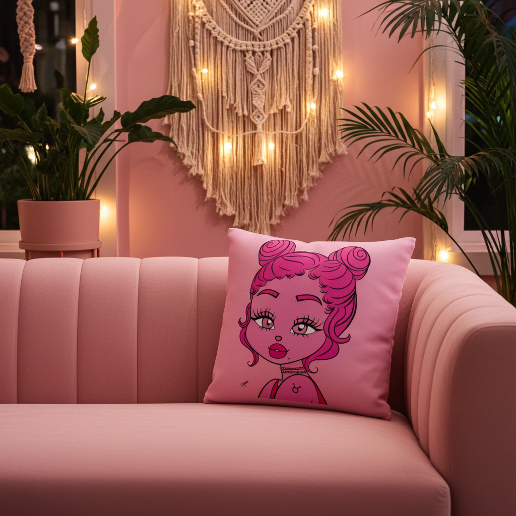 Pink pillow with a Taurus character on a pink couch, surrounded by plants and string lights.