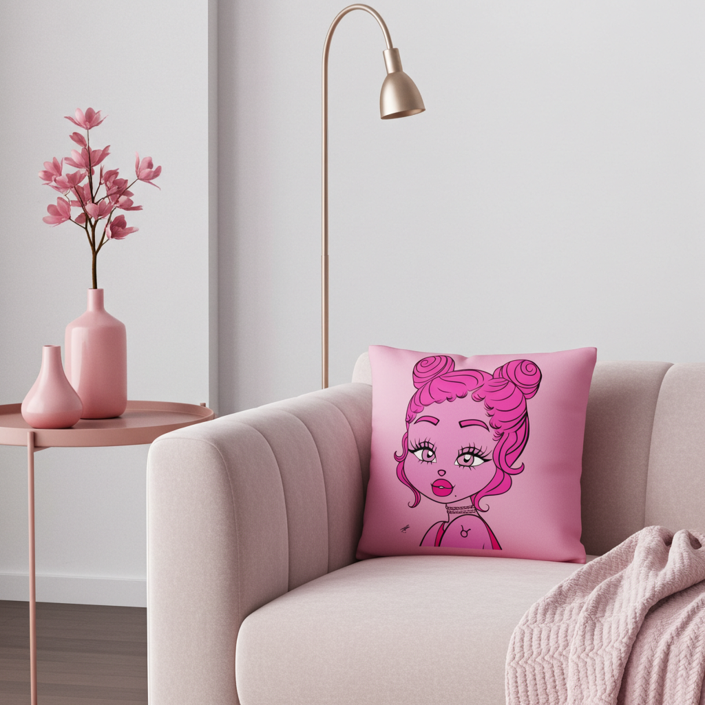 Pink pillow with a Taurus character on a beige sofa in a living room setting.