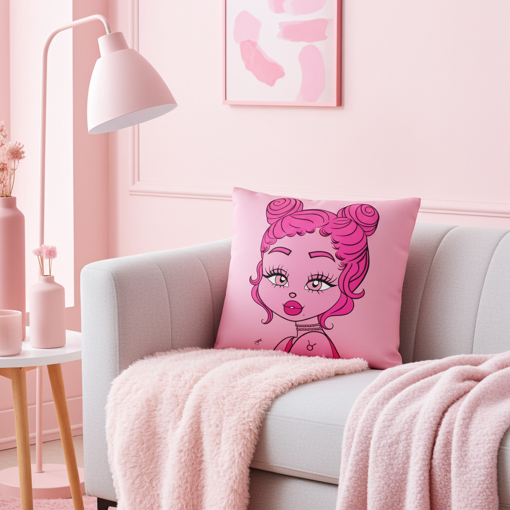 Pink pillow with a Taurus character on a gray sofa in a room with pink walls and decor.